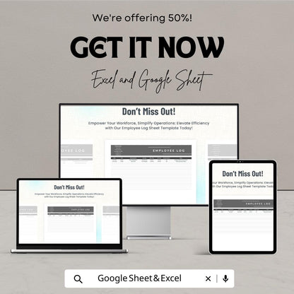 Employee Log Sheet Template Excel, Work Hours Tracker, Staff Daily Log, Attendance and Task Tracker, Google Sheets HR Spreadsheet