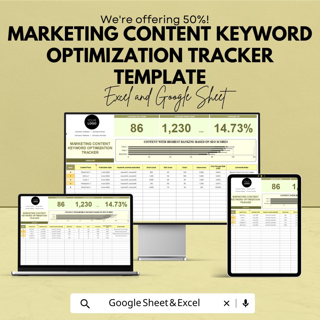 Marketing Content Keyword Optimization Tracker Template | Excel and Google Sheets | SEO Keyword Research & Content Performance Spreadsheet