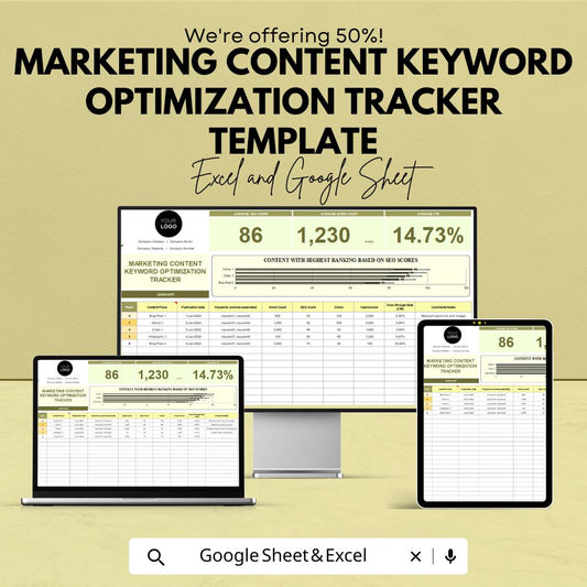 Marketing Content Keyword Optimization Tracker Template | Excel and Google Sheets | SEO Keyword Research & Content Performance Spreadsheet