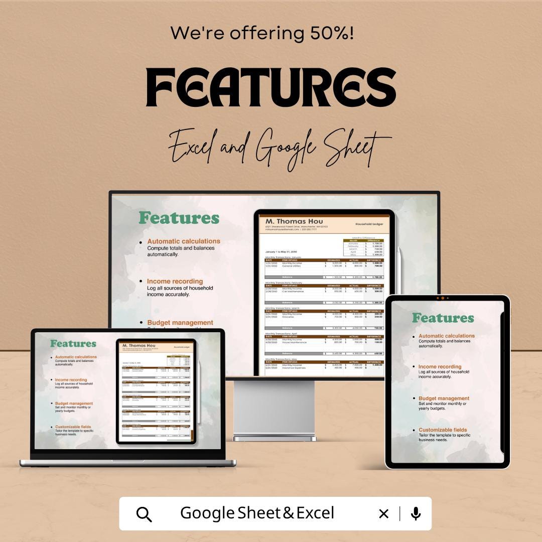 Household Ledger Template Excel Google Sheets | Expense Tracker Spreadsheet | Home Budget Planner | Financial Ledger | Digital Budget
