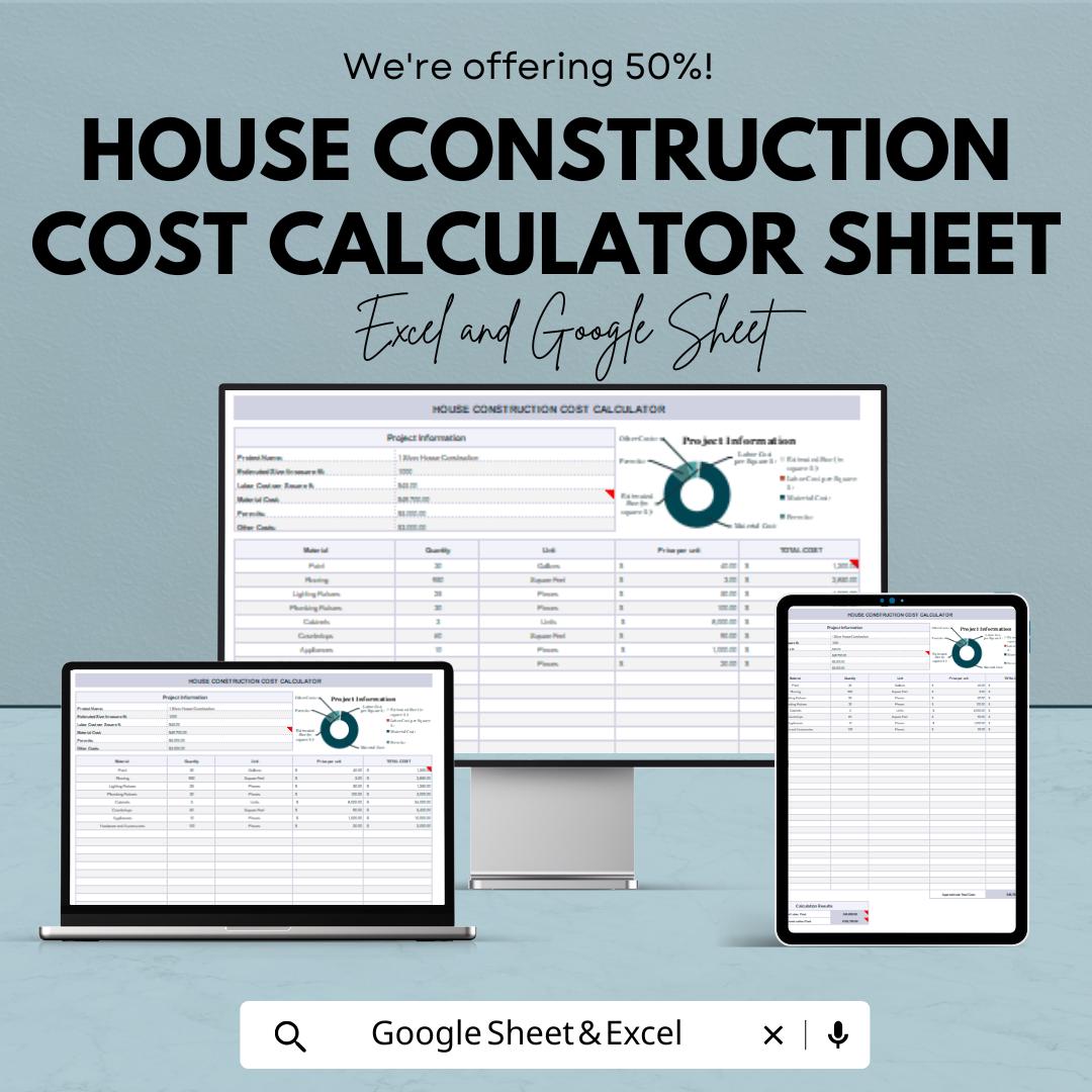 House Construction Cost Calculator Sheet | Excel & Google Sheets | Project Budgeting, Estimation Template