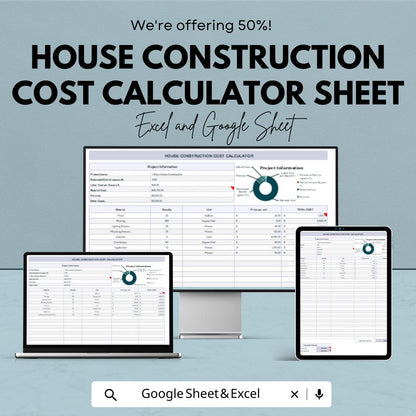House Construction Cost Calculator Sheet | Excel & Google Sheets | Project Budgeting, Estimation Template