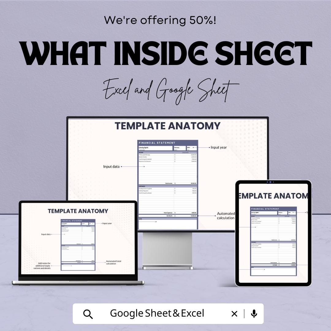 Church Financial Statement Template | Church Income and Expense Report | Monthly Financial Statement | Excel and Google Sheets Template
