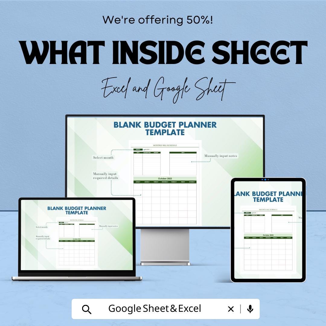 Blank Budget Planner Template | Monthly Bill Tracker | Digital Budget Spreadsheet | Excel Finance Planner | Expense Tracker Template