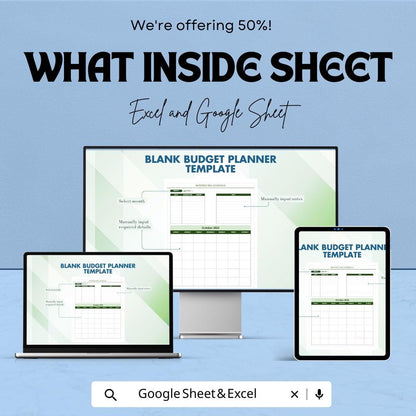 Blank Budget Planner Template | Monthly Bill Tracker | Digital Budget Spreadsheet | Excel Finance Planner | Expense Tracker Template