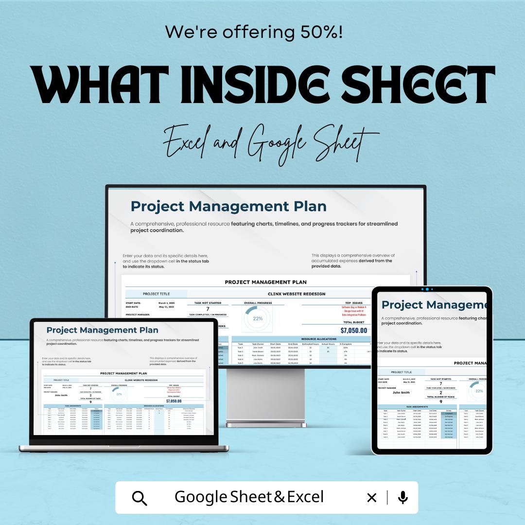 Project Management Sheet - Excel and Google Sheet Template | Track Tasks, Deadlines, Budget & Progress | Customizable and Professional