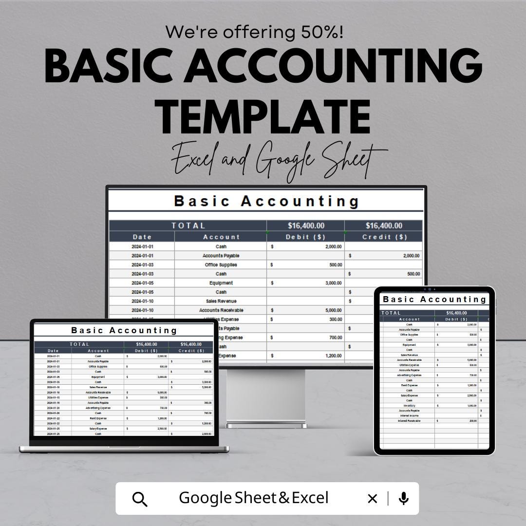 Basic Accounting Template | Excel and Google Sheets | Entry-Level Bookkeeping Spreadsheet | Debit & Credit Tracker | Simple Accounting Sheet