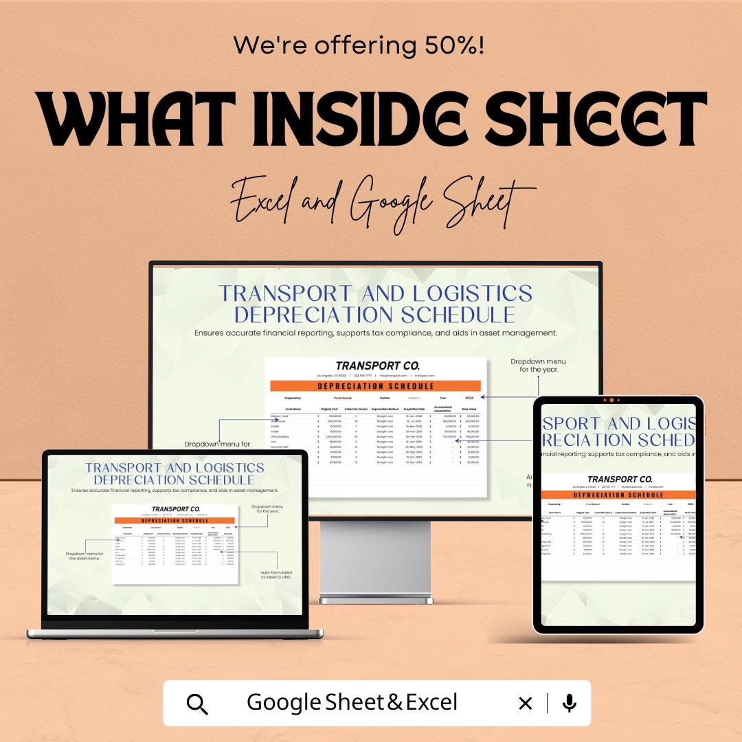 Transport & Logistics Depreciation Schedule Sheet | Excel and Google Sheet Template | Fleet Asset Tracker | Editable Financial Log