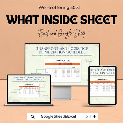 Transport & Logistics Depreciation Schedule Sheet | Excel and Google Sheet Template | Fleet Asset Tracker | Editable Financial Log