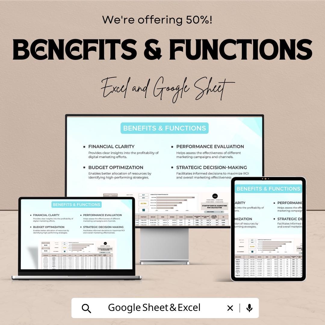 Startup Digital Marketing ROI Calculator Template | Excel & Google Sheets | Marketing ROI Tracker | Startup Ad Budget Calculator |