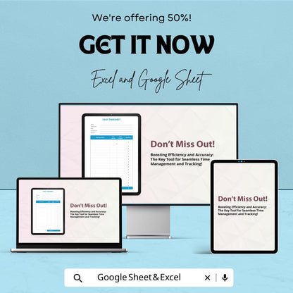 Simple Daily Timesheet Template for Excel & Google Sheets | Time Tracking | Instant Download | 50% Off