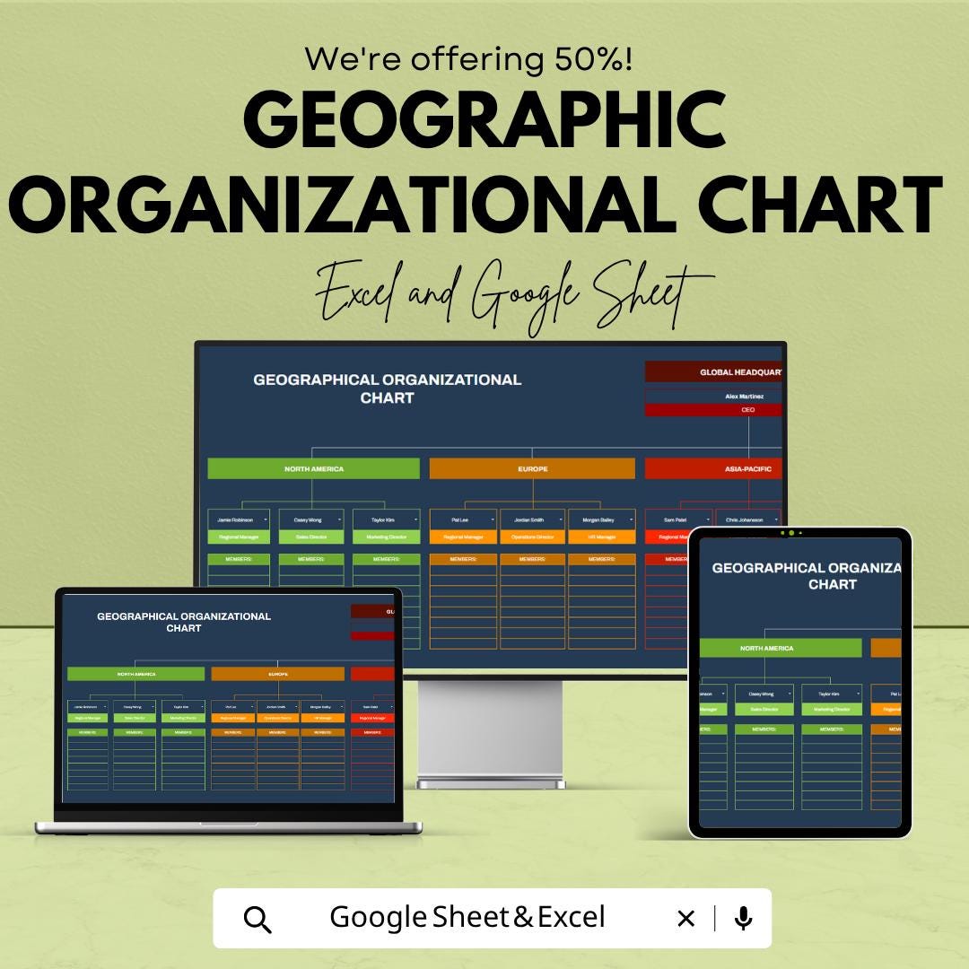 Geographic Organizational Chart Template | Org Chart Spreadsheet | Company Structure Chart | Business Hierarchy Template |