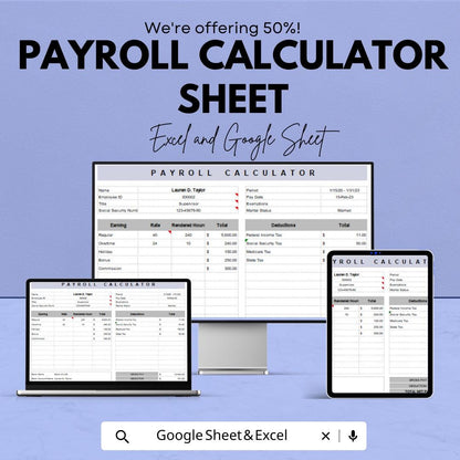 Payroll Calculator Sheet | Excel & Google Sheet | Calculate Earnings, Taxes, Deductions, and More | Easy-to-Use Payroll Management Template