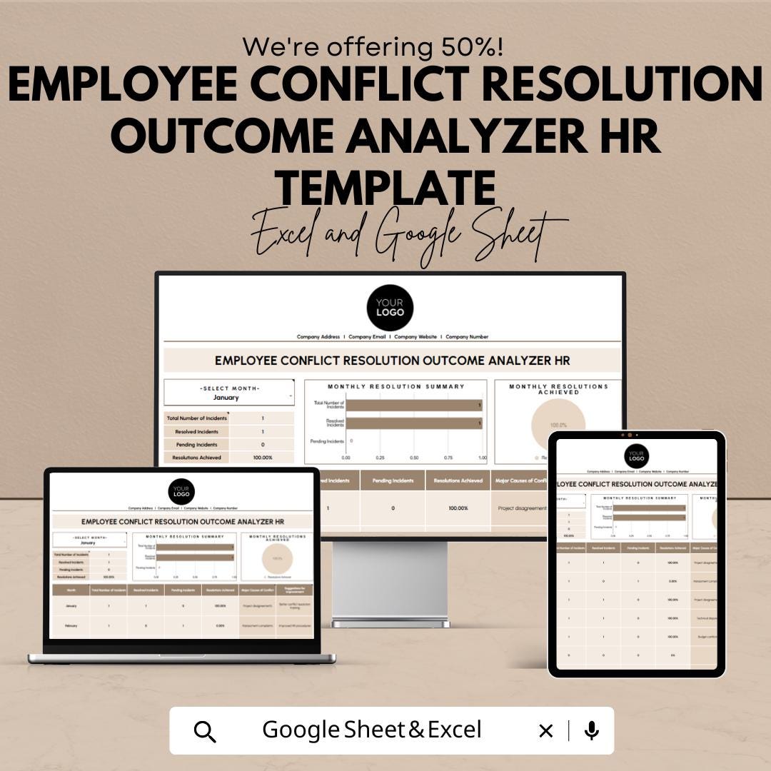 Employee Conflict Resolution Outcome Analyzer HR Template | Excel & Google Sheets | HR Conflict Tracking Dashboard