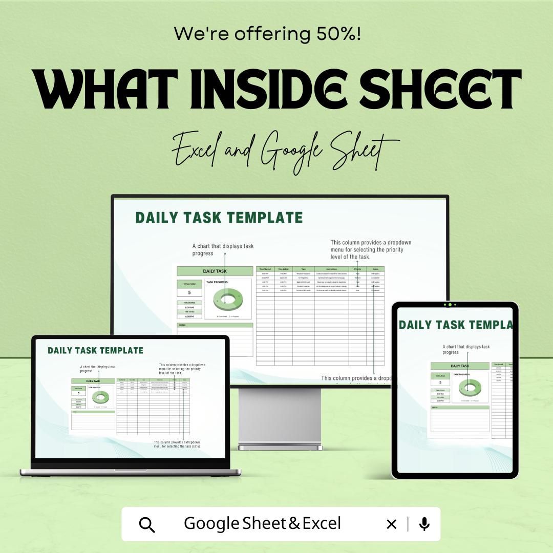 Daily Task Sheet | Excel and Google Sheets | Task Planner Template | Track Daily Tasks & Progress | To-Do List with Priority and Status |