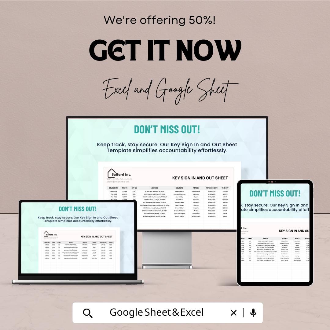 Key Sign In and Out Sheet – Excel and Google Sheet Template | Track Key Usage & Security | 50% Off