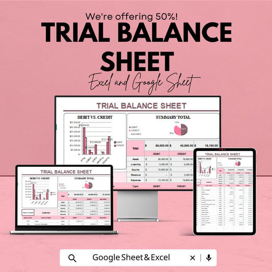 Trial Balance Sheet | Excel & Google Sheet Accounting Template | Summary Ledger with Charts | Business Finance Tracker Tool