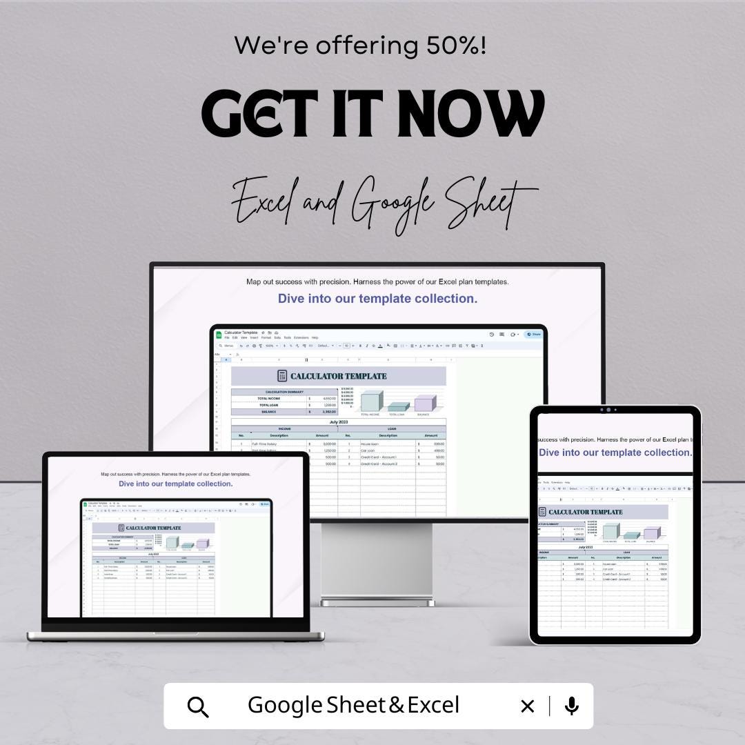 Calculator Sheet | Excel and Google Sheets | Expense Tracker | Income & Loan Calculator | Editable Budget Template