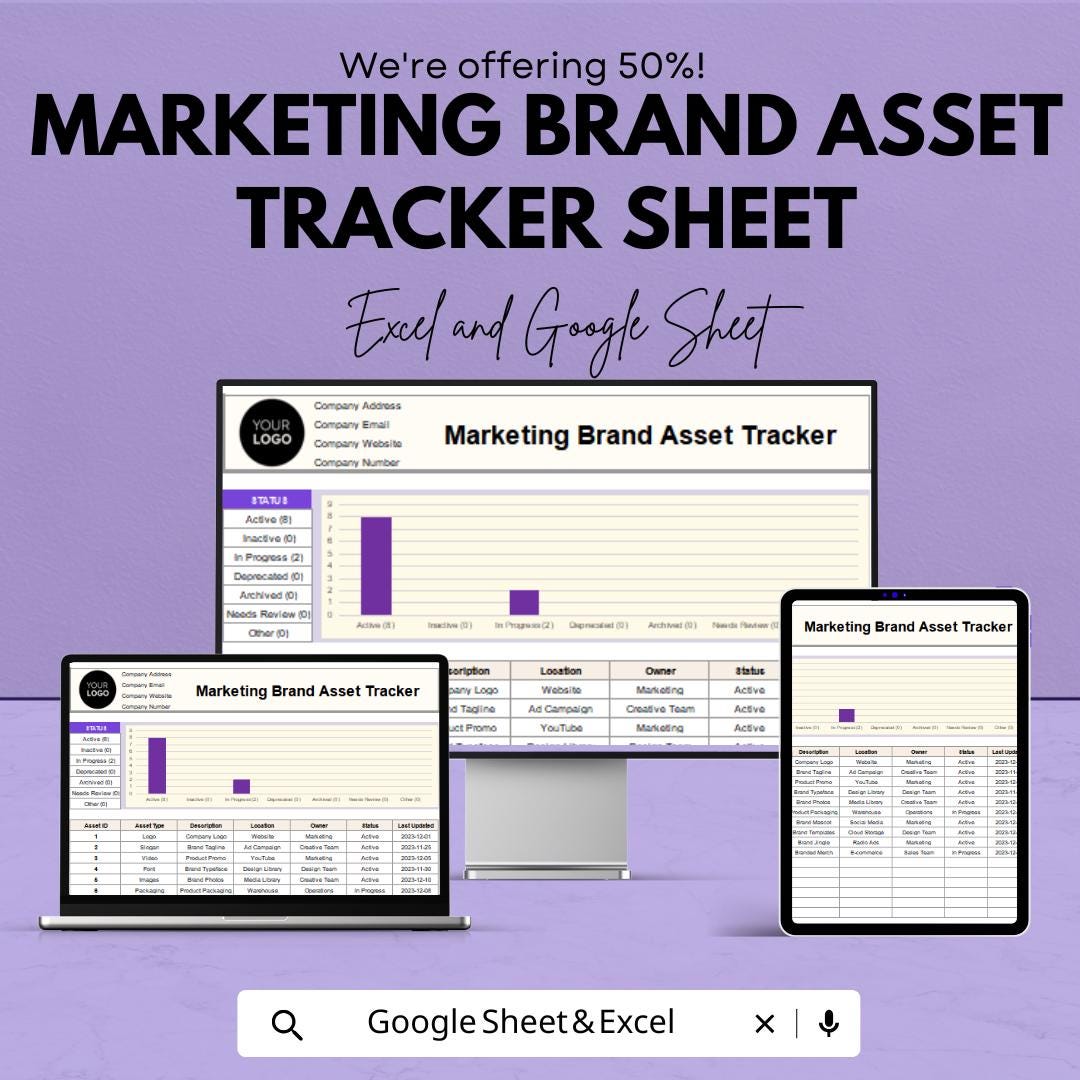 Marketing Brand Asset Tracker Sheet | Excel & Google Sheet | Brand Asset Management Template | Brand Tracker Spreadsheet