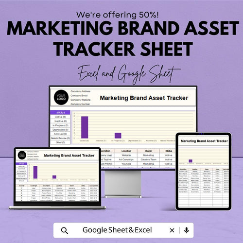 Marketing Brand Asset Tracker Sheet | Excel & Google Sheet | Brand Asset Management Template | Brand Tracker Spreadsheet