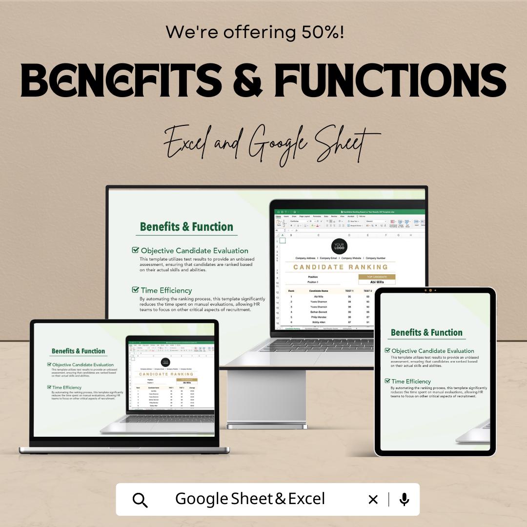 Candidate Ranking HR Template  | Test Results Ranking Spreadsheet | Hiring Evaluation Tracker | Recruitment Candidate Scorecard