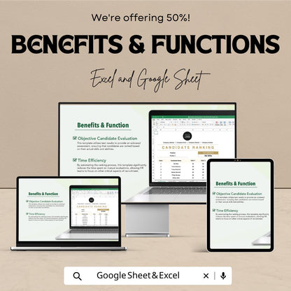 Candidate Ranking HR Template  | Test Results Ranking Spreadsheet | Hiring Evaluation Tracker | Recruitment Candidate Scorecard