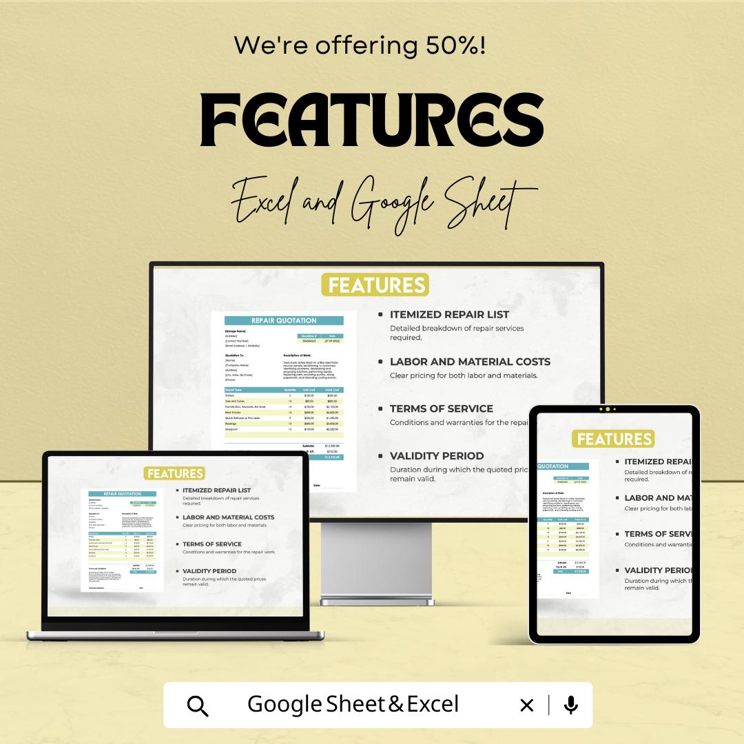 Sample Repair Quotation Sheet - Excel and Google Sheets Template | 50% Off | Construction & Home Repair Quotes