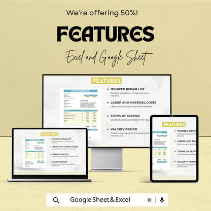 Sample Repair Quotation Sheet - Excel and Google Sheets Template | 50% Off | Construction & Home Repair Quotes