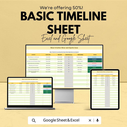Basic Timeline Sheet | Excel and Google Sheets | Project Planner Template | Track Tasks & Deadlines | Customizable Timeline |