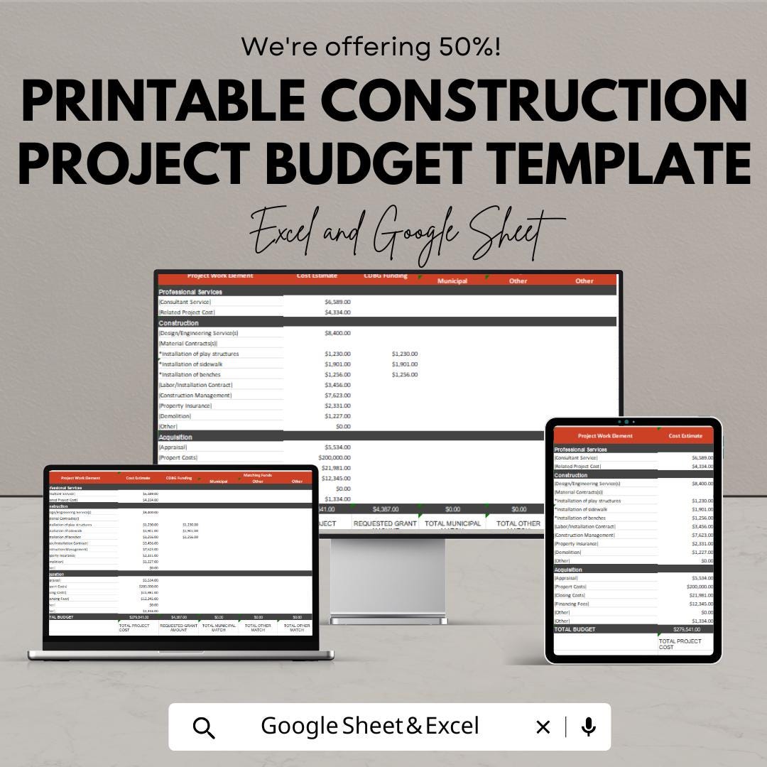 Construction Project Budget Template | Printable Job Cost Estimate Sheet | Contractor Cost Tracking | Project Expense Planner