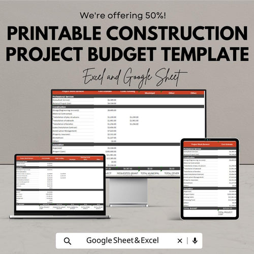 Construction Project Budget Template | Printable Job Cost Estimate Sheet | Contractor Cost Tracking | Project Expense Planner