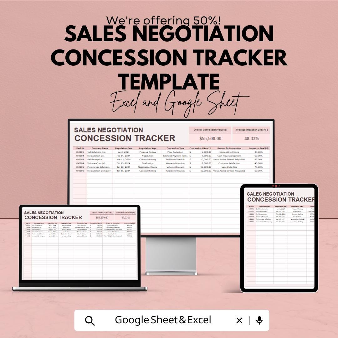 Sales Negotiation Concession Tracker Template | Deal Management Spreadsheet | Contract Tracking Tool | Digital Download