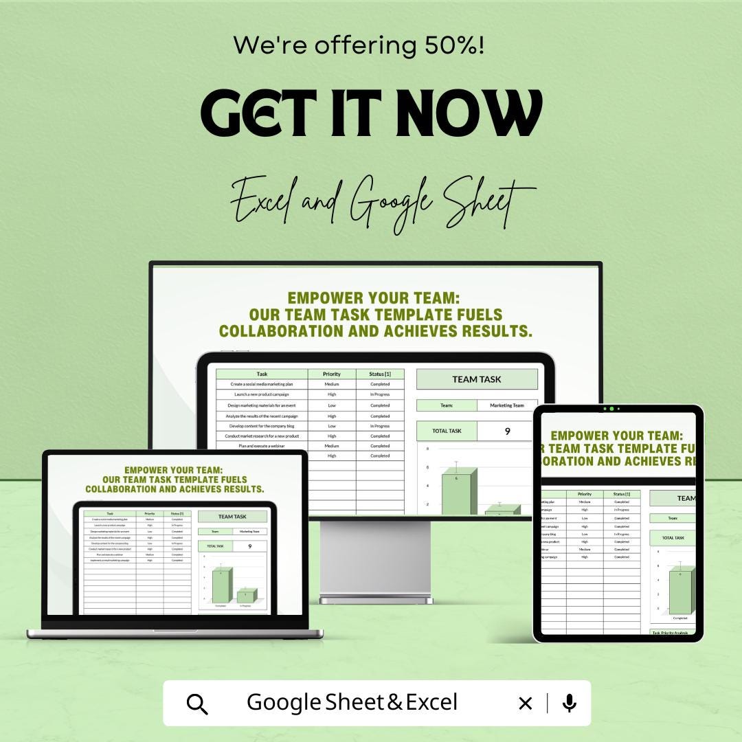 Team Task Sheet Template for Excel and Google Sheets | Task Management & Team Collaboration Tracker | Boost Efficiency | 50% Off!