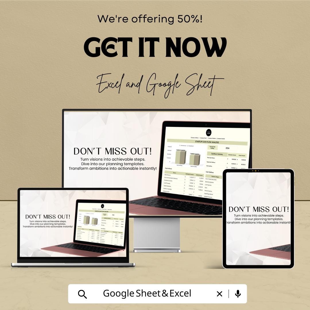 Startup Cash Flow Analysis Template | Business Budget Planner | Income & Expense Tracker | Financial Projection Dashboard
