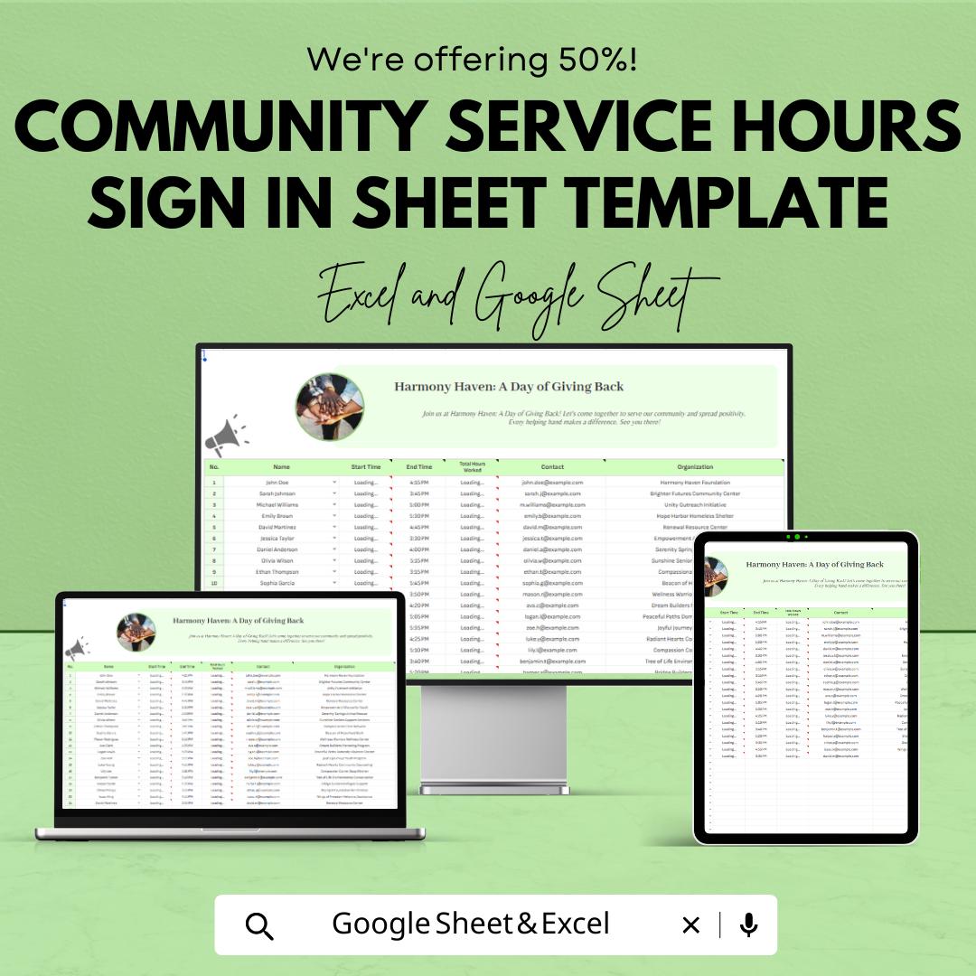 Community Service Hours Sign In Sheet Template, Volunteer Hours Tracker, Attendance Log, Nonprofit Sign-In Sheet