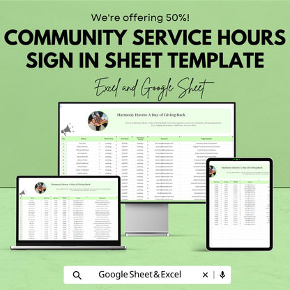 Community Service Hours Sign In Sheet Template, Volunteer Hours Tracker, Attendance Log, Nonprofit Sign-In Sheet