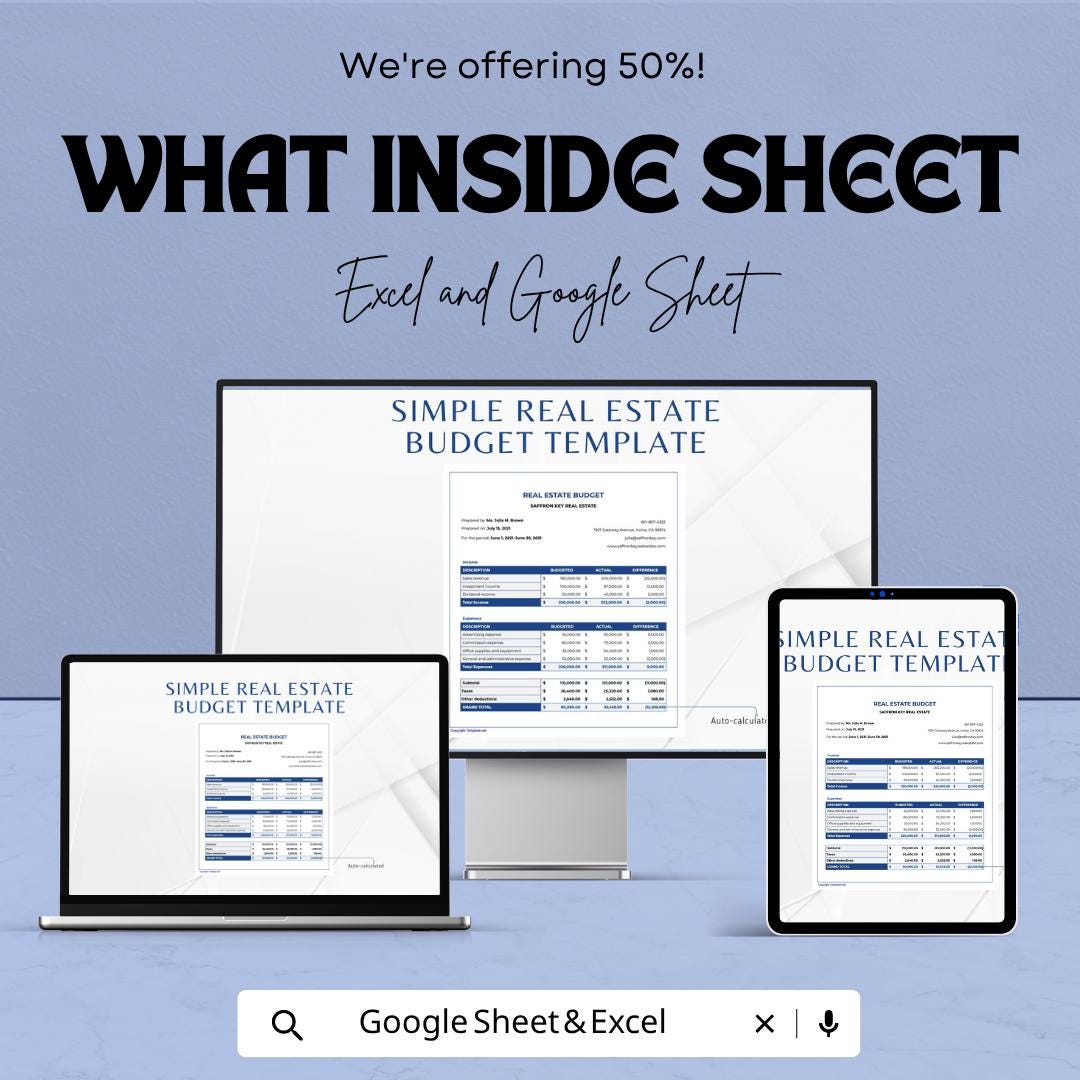 Sales Contract Variation Analysis Tool Template | Real Estate Budget Spreadsheet | Excel & Google Sheets | Financial Planning Template |