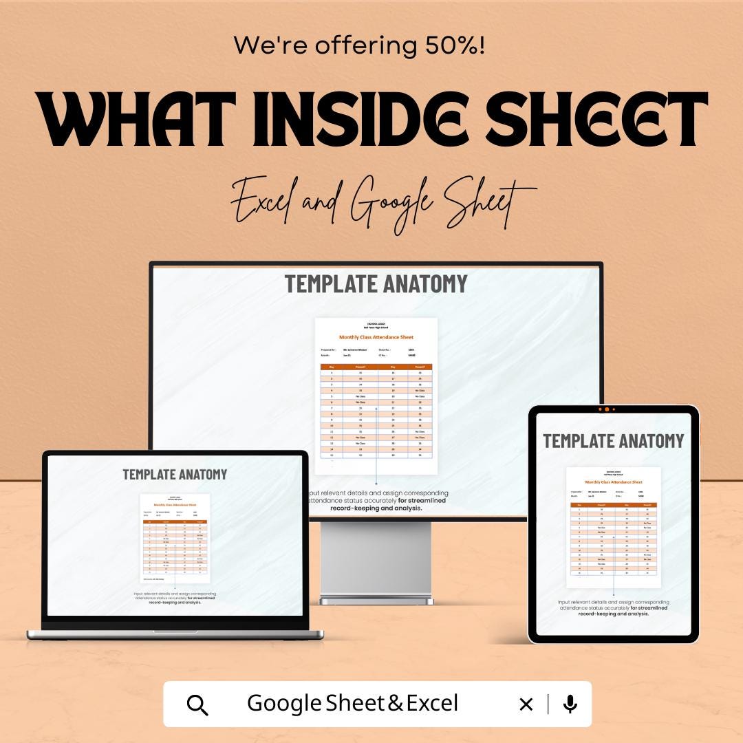 Monthly Class Attendance Sheet - Excel & Google Sheet Template for School, Teachers, Attendance Tracker
