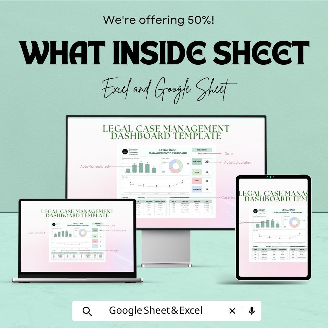 Legal Case Management Dashboard Sheet | Google Sheets Template for Case Tracking | Legal Case Overview | Task & Deadline Management