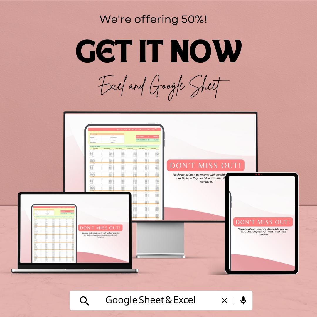 Balloon Payment Amortization Schedule Template | Loan Amortization Spreadsheet | Balloon Loan Calculator | Excel & Google Sheets