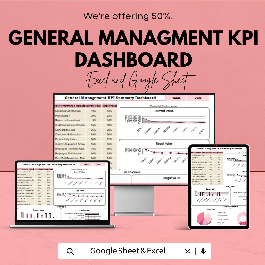 General Management KPI Dashboard Template | Google Sheets | Track Business Performance & Strategy | Monthly and Annual KPI Calculator