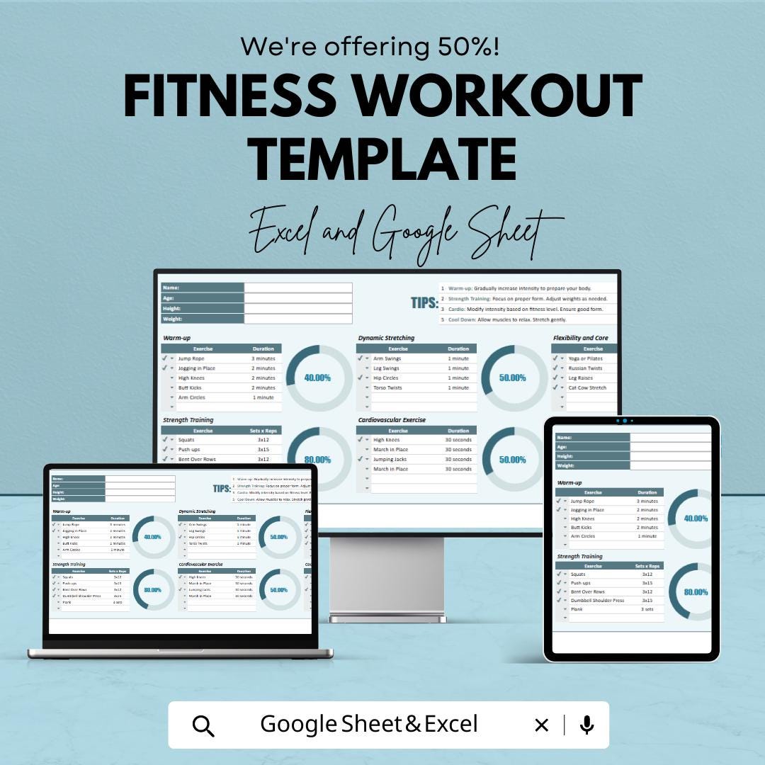 Fitness Workout Tracker Template | Workout Planner Spreadsheet | Gym Workout Log | Fitness Training Tracker | Excel Google Sheets Template