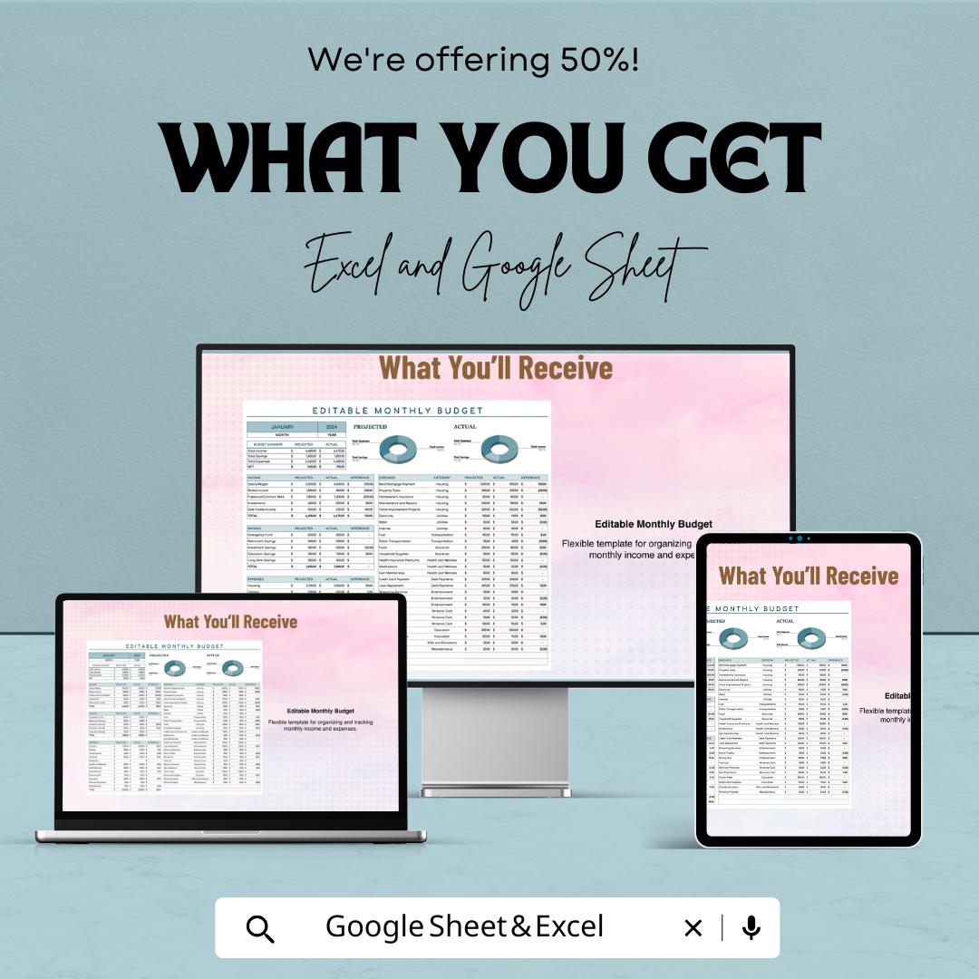 Editable Monthly Budget Template | Excel & Google Sheets Budget Planner | Income Expense Tracker | Personal Finance Spreadsheet
