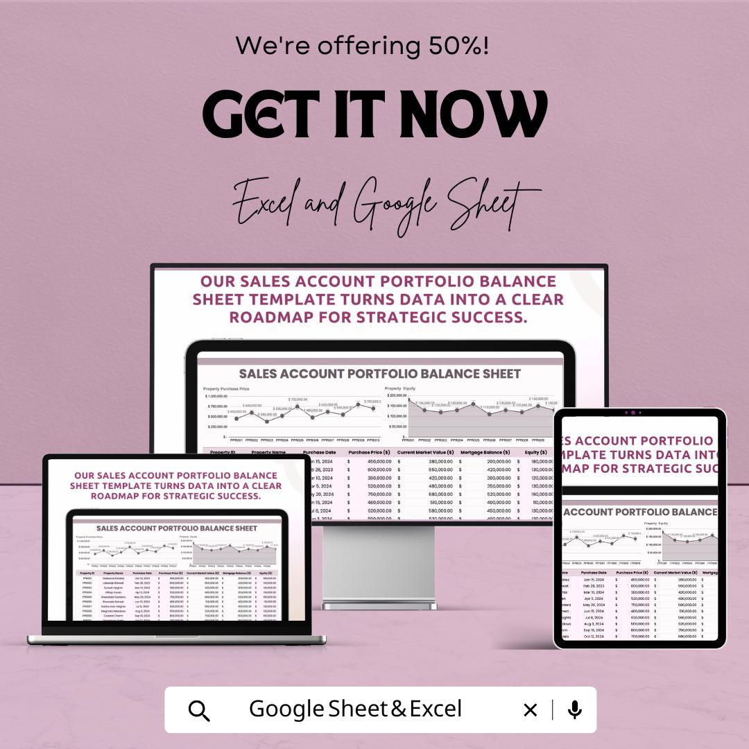 Sales Account Portfolio Balance Sheet | Excel & Google Sheet | Real Estate Sales Tracker | Property Equity Report | Editable Dashboard