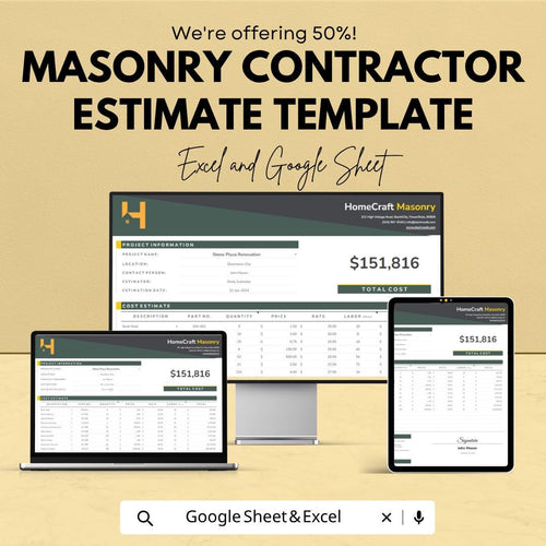 Masonry Estimate Template Excel | Contractor Estimate Sheet | Construction Cost Estimator | Brick & Stone Quote Template | Google Sheets