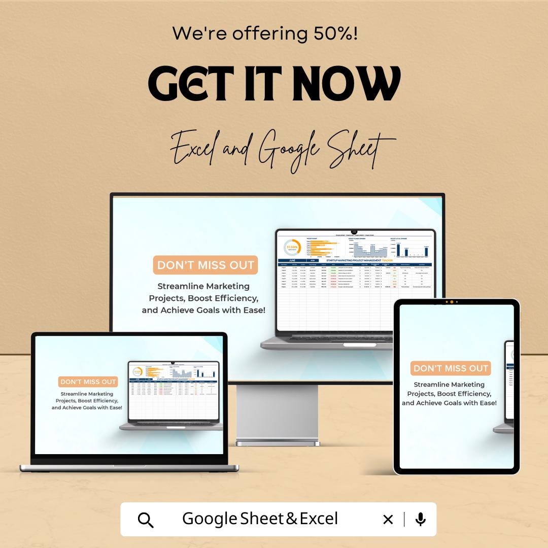 Startup Marketing Project Management Tracker Sheet | Excel & Google Sheets Template | Marketing Task Tracker | Project Timeline