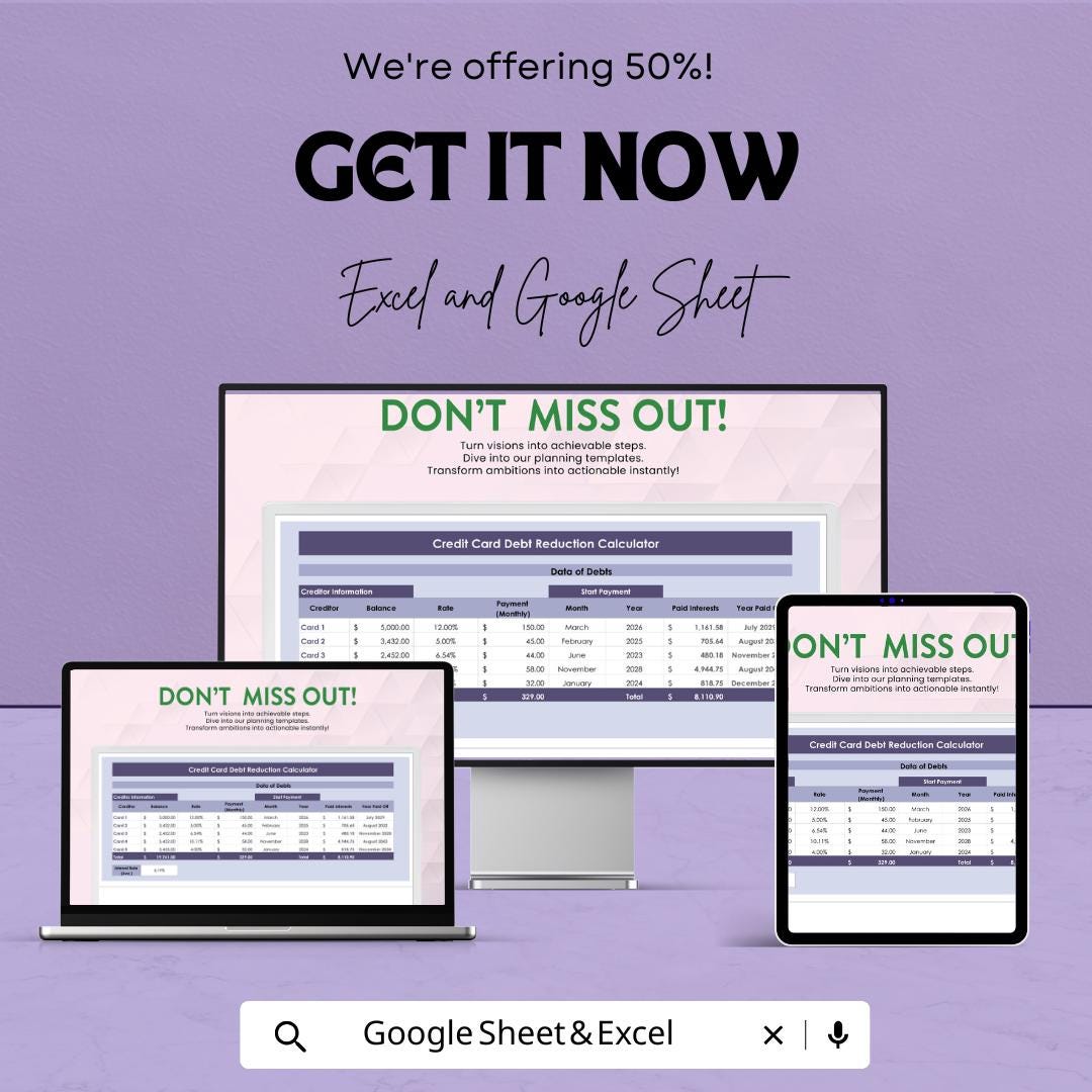 Debt Reduction Calculator Template | Credit Card Debt Tracker | Loan Payoff Spreadsheet | Debt Snowball Tool | Finance Template