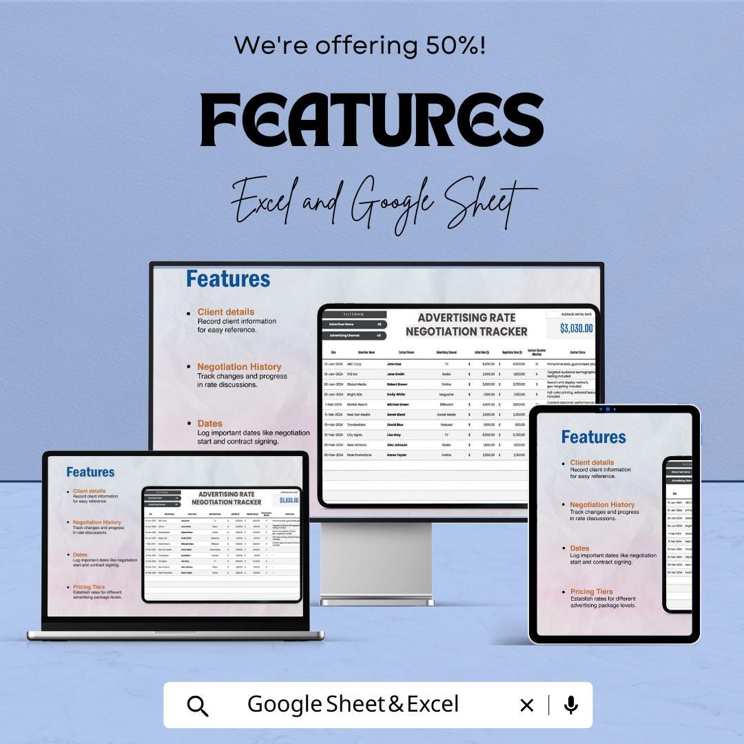 Advertising Rate Negotiation Tracker Sheet | Excel and Google Sheets Template | Track Ad Pricing & Deals | Rate Negotiation Tool |