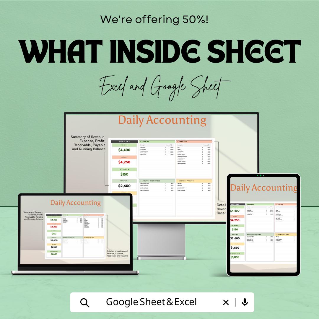 Daily Accounting Template | Excel & Google Sheets | Expense Tracker | Revenue Tracker | Cash Flow Template | Small Business Accounting