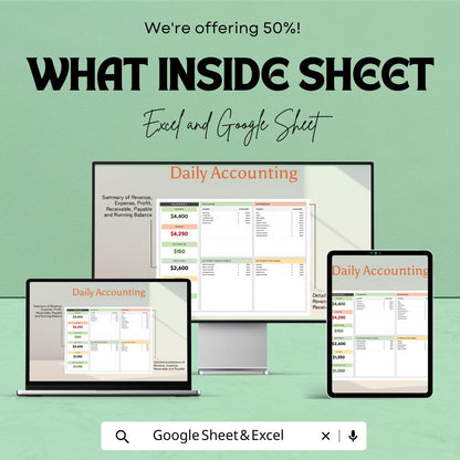 Daily Accounting Template | Excel & Google Sheets | Expense Tracker | Revenue Tracker | Cash Flow Template | Small Business Accounting